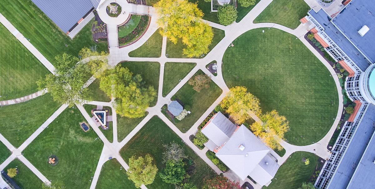 United States college campus aerial of green grounds Campus